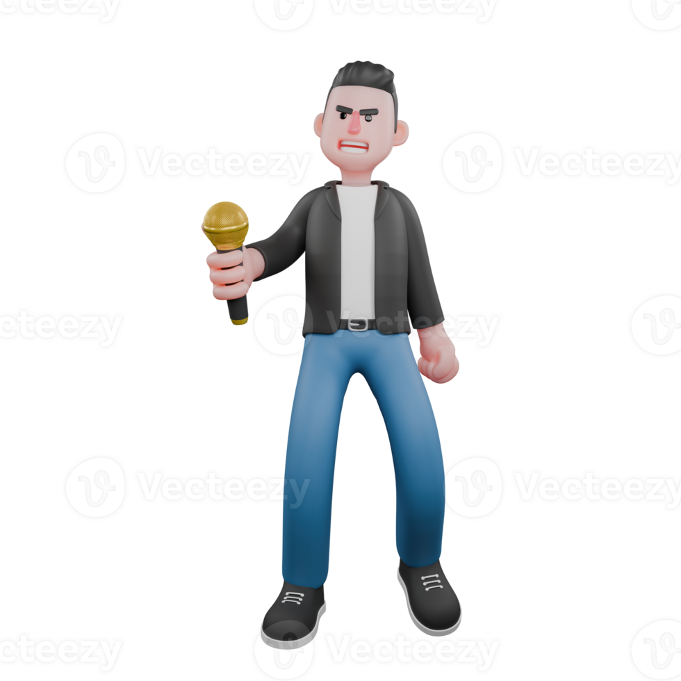 Cartoon Musician 3D Model. A male musician stands with his right hand carrying a microphone while his left hand is clenched to the side. Performance Design png