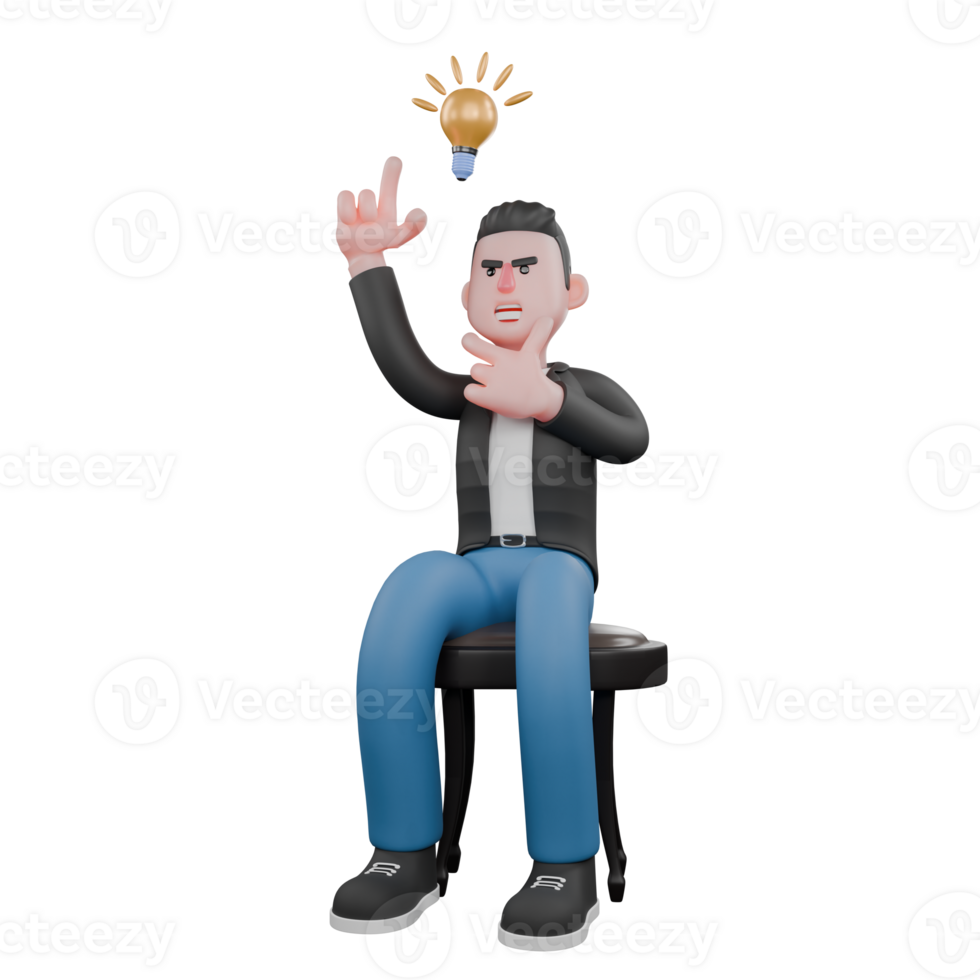 Cartoon Music Performer Model. A male musician sits with one hand on chin and one hand pointing up with aha expression. Vocal Artist Model png