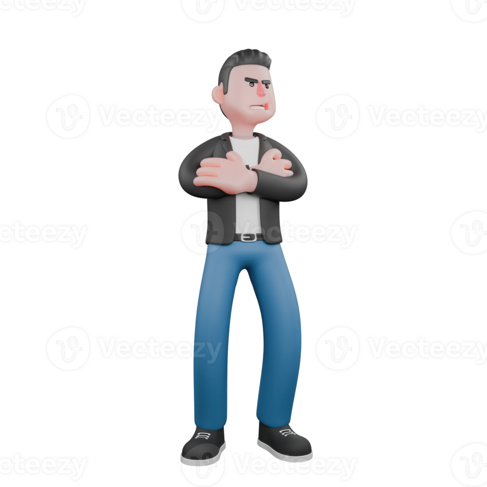 3D Model of Cartoon Music Artist. A male musician stands with his arms folded in front of his chest with an angry expression. Singing Talent png
