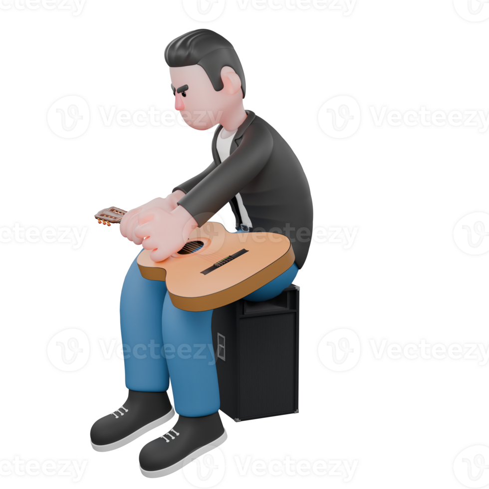 3D Musician Character. A male musician is sitting on a loudspeaker facing right while both hands touch a guitar that is on his lap. Cartoon Performer png