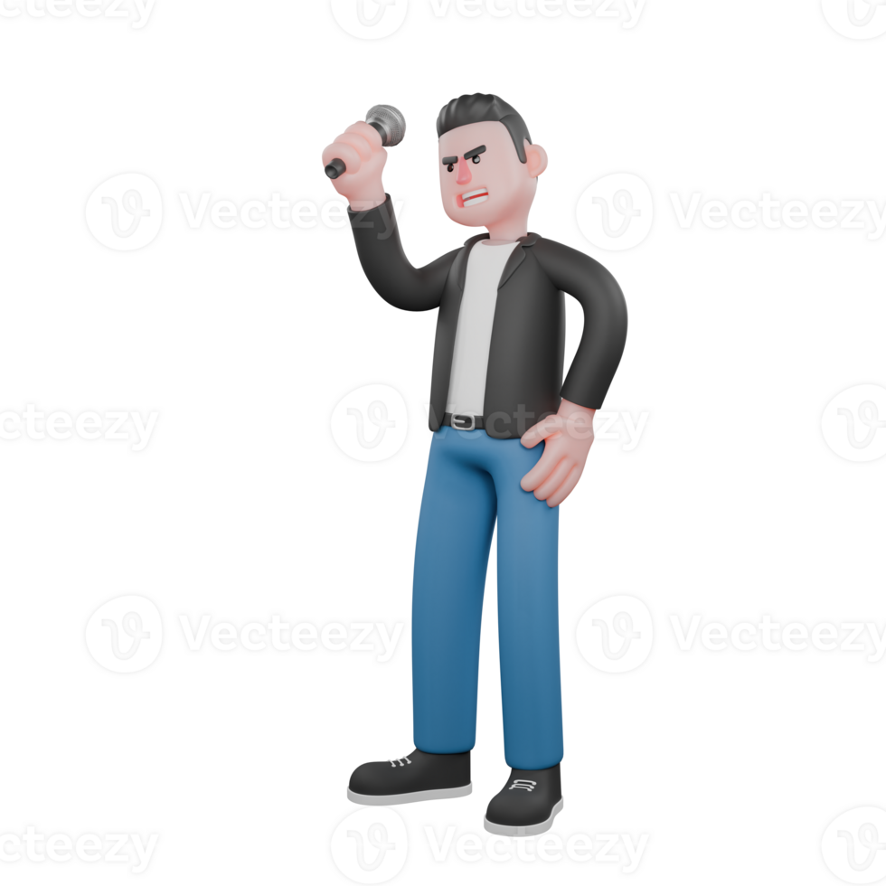 Singing Musician in 3D. A male musician is standing facing to the right side with his right hand raised holding a microphone and his left hand is on his waist. Animated Style png