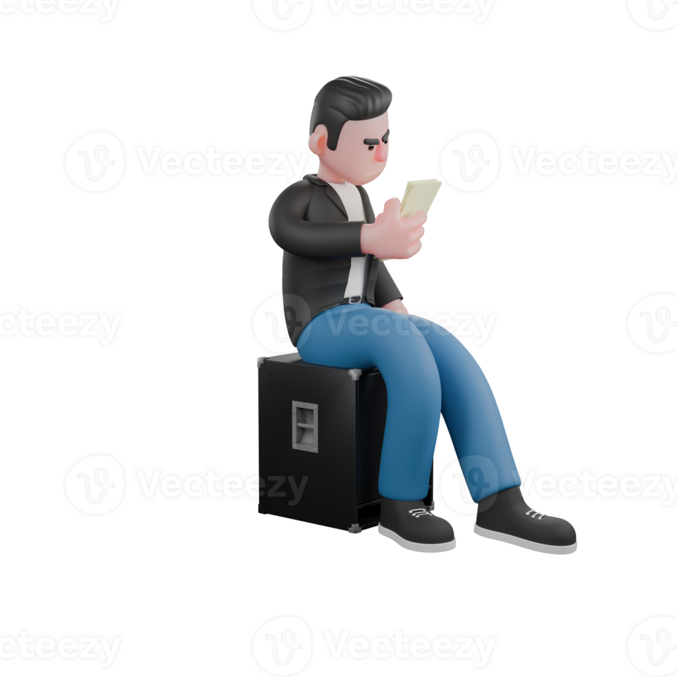 Illustrated Musician Character in 3D. a male musician is sitting on a loudspeaker facing left while reading the writing on the paper held in his right hand. 3D Music Performer png