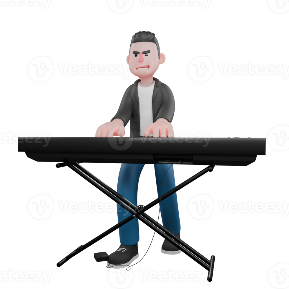 3D Music Star Character Model. A male musician stands while playing an electric piano. Vocal Artist png