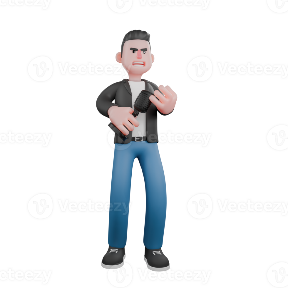 Musician Character in 3D Design. A male musician stands with his right hand holding a microphone while hitting it against the palm of his right hand. Vocalist Model png
