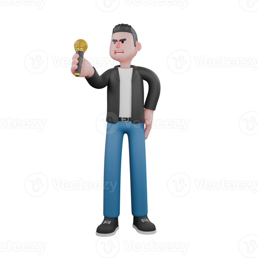 Musician Character in 3D Style. a male musician is standing while his right hand is lifting a microphone and his left is on his waist. Cartoon Performer png