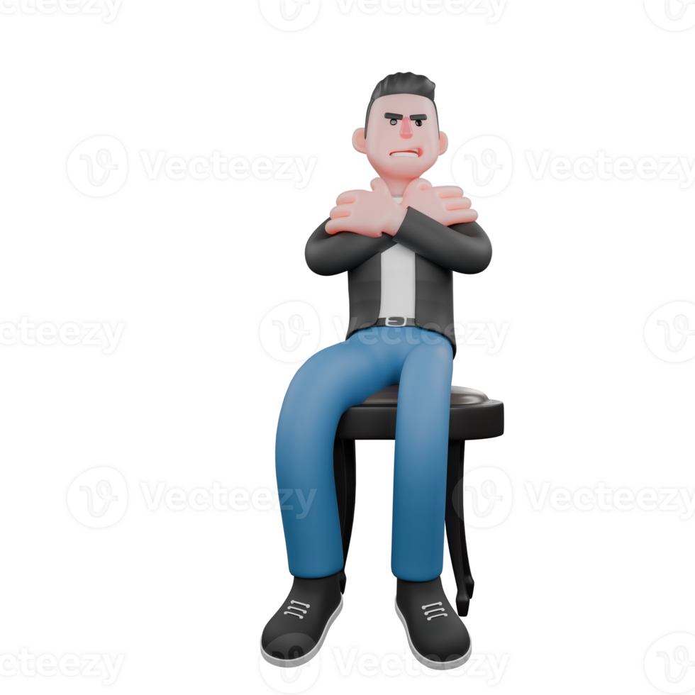 Cartoon 3D Character of Music Artist. A male musician sits on a chair folding his arms in front of his chest with an angry expression. Cartoon Performer png