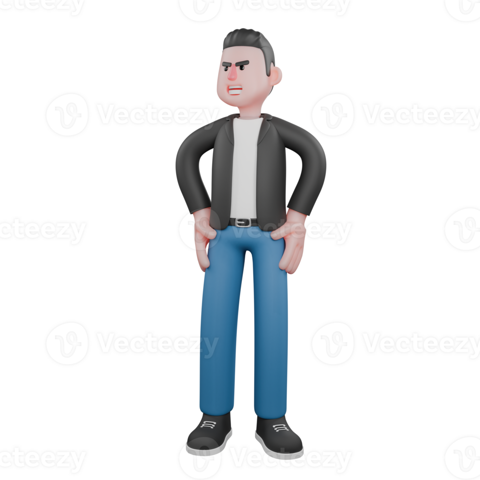 Singing Musician in 3D. A male musician stands with both hands hands on hips with bright expression. Animated Style png