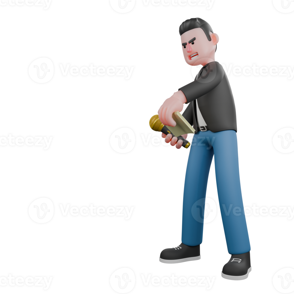 3D Cartoon Music Performer Character. A male musician stands slightly tilted to the right with his left hand carrying a book while his right hand is carrying a microphone. Singing Artist png