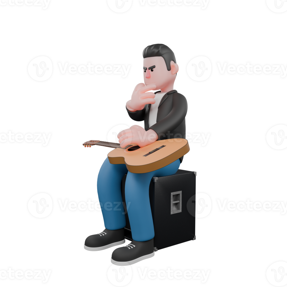 3D Musician Model. A male musician sits on speaker left hand holding guitar and right hand holding chin. Singing Talent png