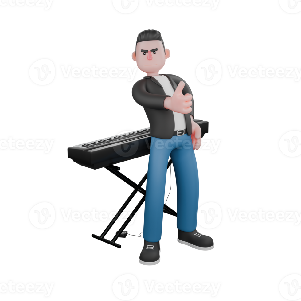 Illustrated 3D Music Character. A male musician is standing with his back to the piano while his right hand points his thumb forward. 3D Music Performer png