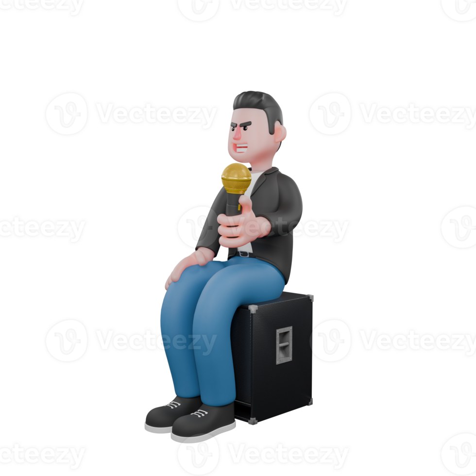 3D Musician Model. A male musician sits at the loudspeaker holding a microphone in his hand with a calm expression. Singing Talent png