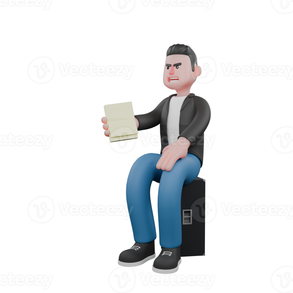 Singing Musician in 3D. A male musician sits on speaker holding paper in hand with serious expression. Animated Style png