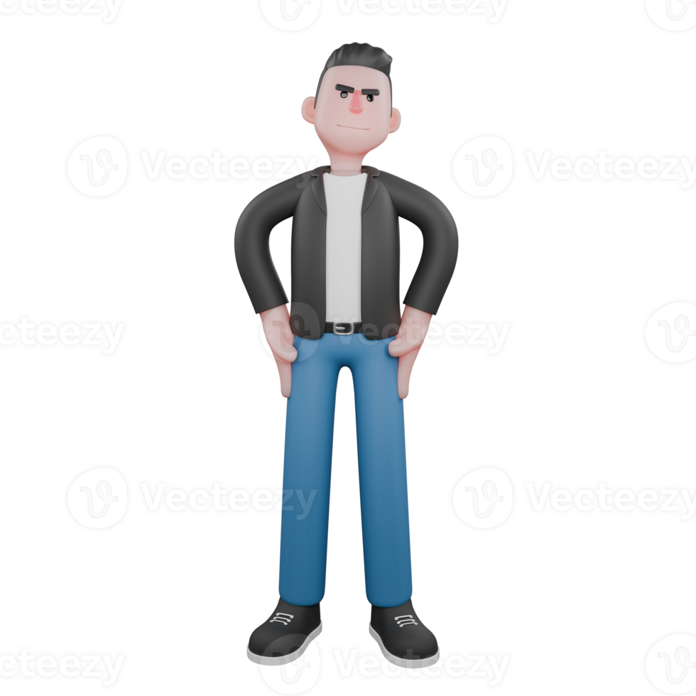 Music Star Character in 3D. A male musician stands with both hands on his hip with a calm expression. Vocalist Design png