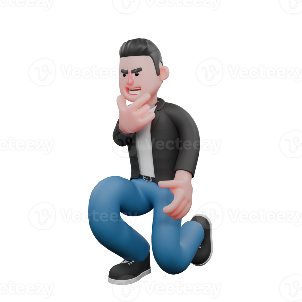 3D Singing Character Model. A male musician kneels with his hands on his face with a happy expression. Singing Talent png