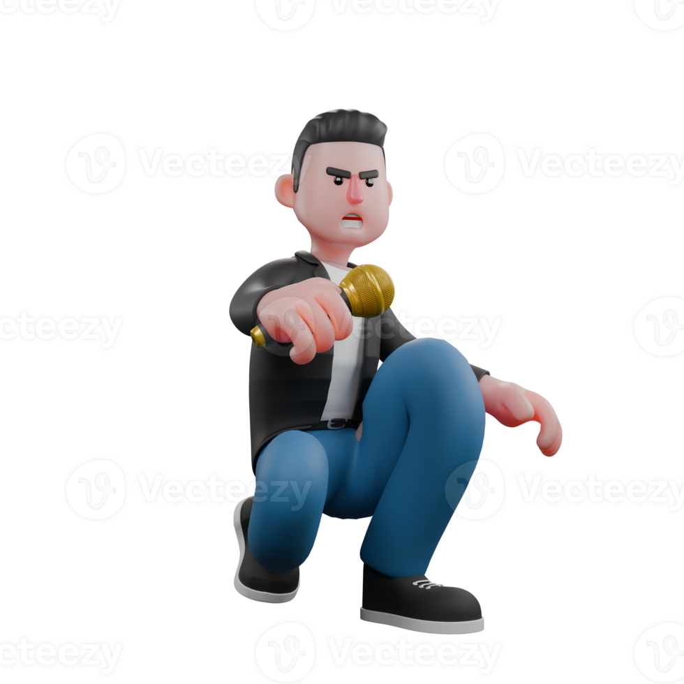 3D Model of Cartoon Musician Character. A male musician crouches with his right hand holding a microphone while his left hand is beside his left knee. Entertainment Artist png
