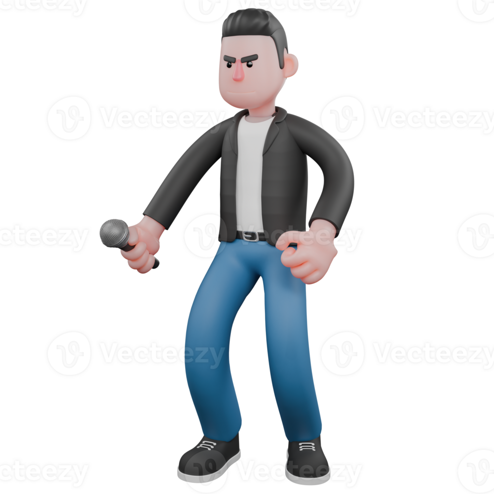 3D Cartoon Character of Music Star. A male musician stands with his legs slightly bent and while his right hand is holding a microphone. Vocal Performer png