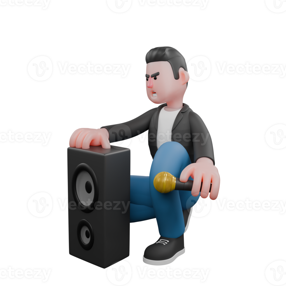 Musician Character in 3D Style. A male musician crouches while holding a loudspeaker in front of him with his right hand, while his left hand is holding a microphone. Vocal Artist Design png