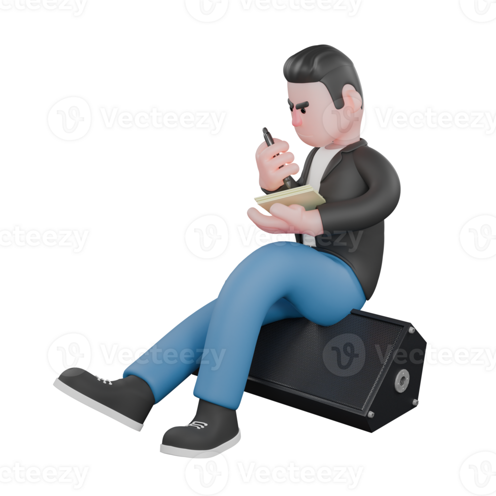 A male musician is sitting on a loudspeaker while holding paper in his left hand and a pen in his right hand, then his right leg is straight forward and the left is bent slightly. Vocal Talent png