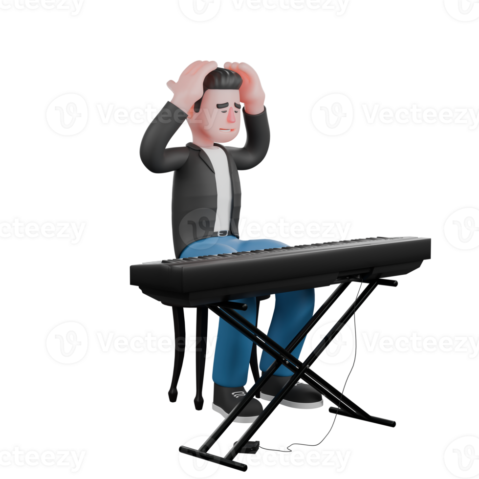 Musician Character in 3D. A male musician sits on a chair in a position behind a piano while both hands are holding his head. Vocal Artist Illustrated png