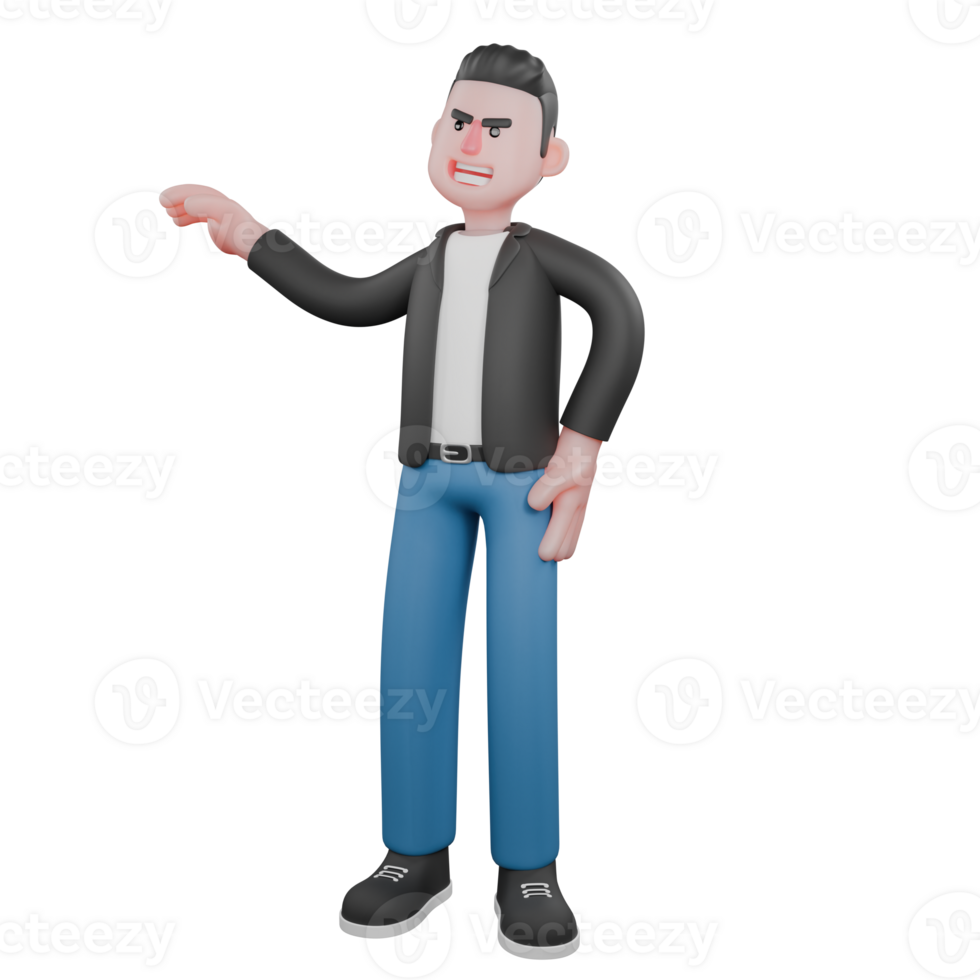 3D Cartoon Musician. A male musician stands with his right hand on his waist and his left hand stretched out to the side with a happy expression. Cartoon Performer png