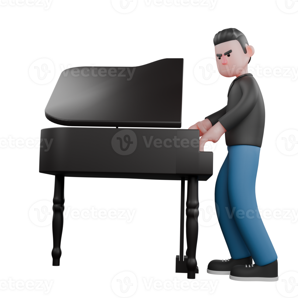 Cartoon 3D Character of Music Artist. A male musician stands with both hands playing an acoustic piano in front of him. Singing Talent png