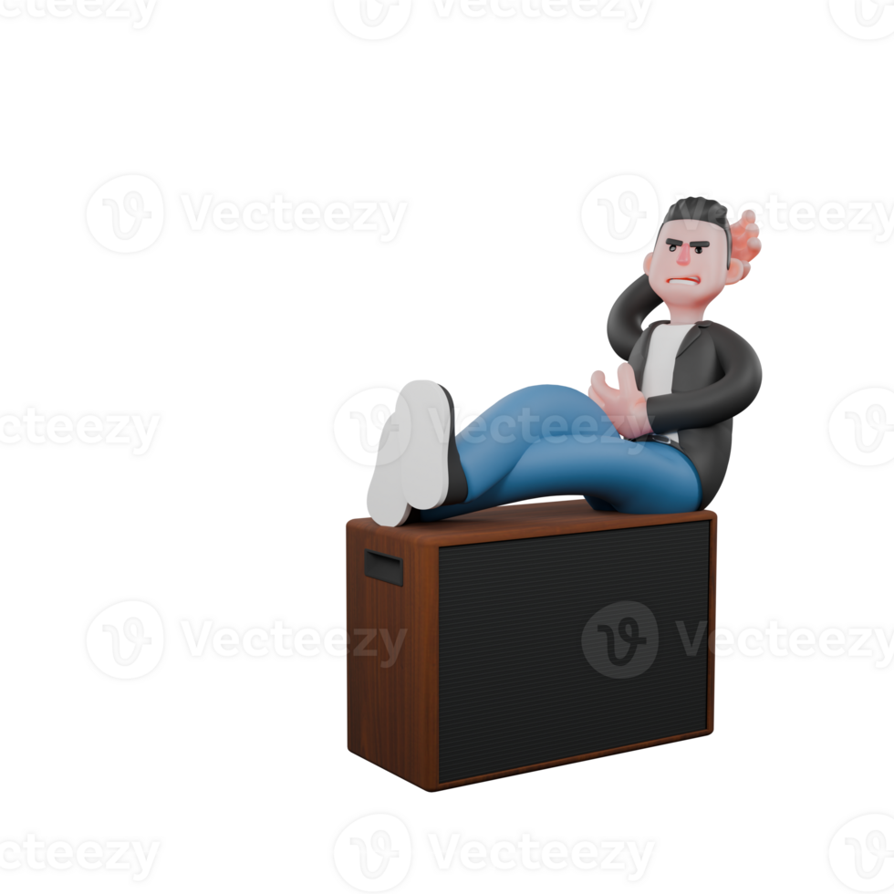 Cartoon Musician in 3D. A male musician sits on a speaker, hands behind his head with a relaxed expression. Animated Performer png