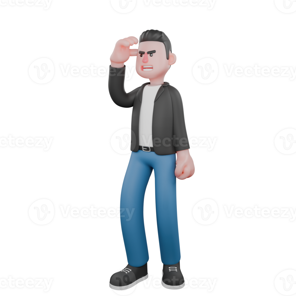 Musician Character in 3D. A male musician stands with his right palm in front of his eyebrows as if observing from a distance and his left hand is beside him. Vocal Talent Design png