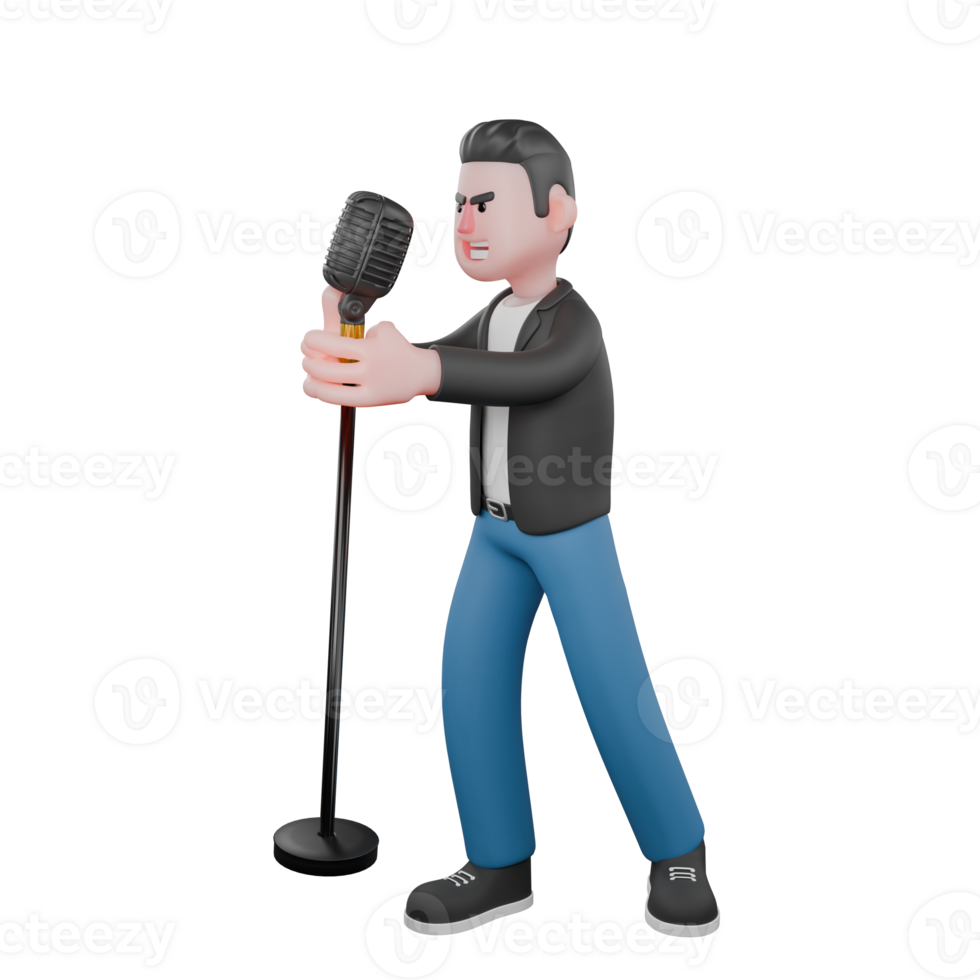 Musician Character Design in 3D. A male musician stands with both hands carrying a microphone stand. Vocal Artist Model png