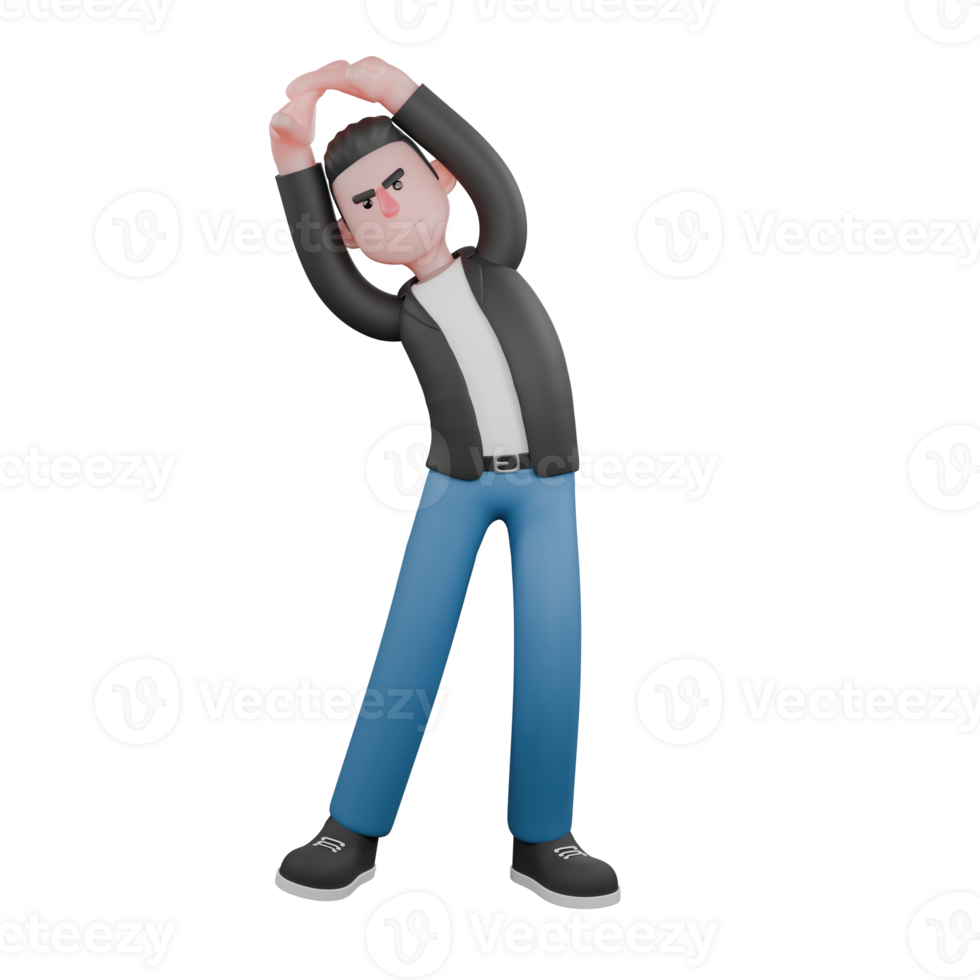 Animated Music Character in 3D. A male musician is standing and raising both his hands straight up, touching each other, and his body is bent to the right. Singing Talent png