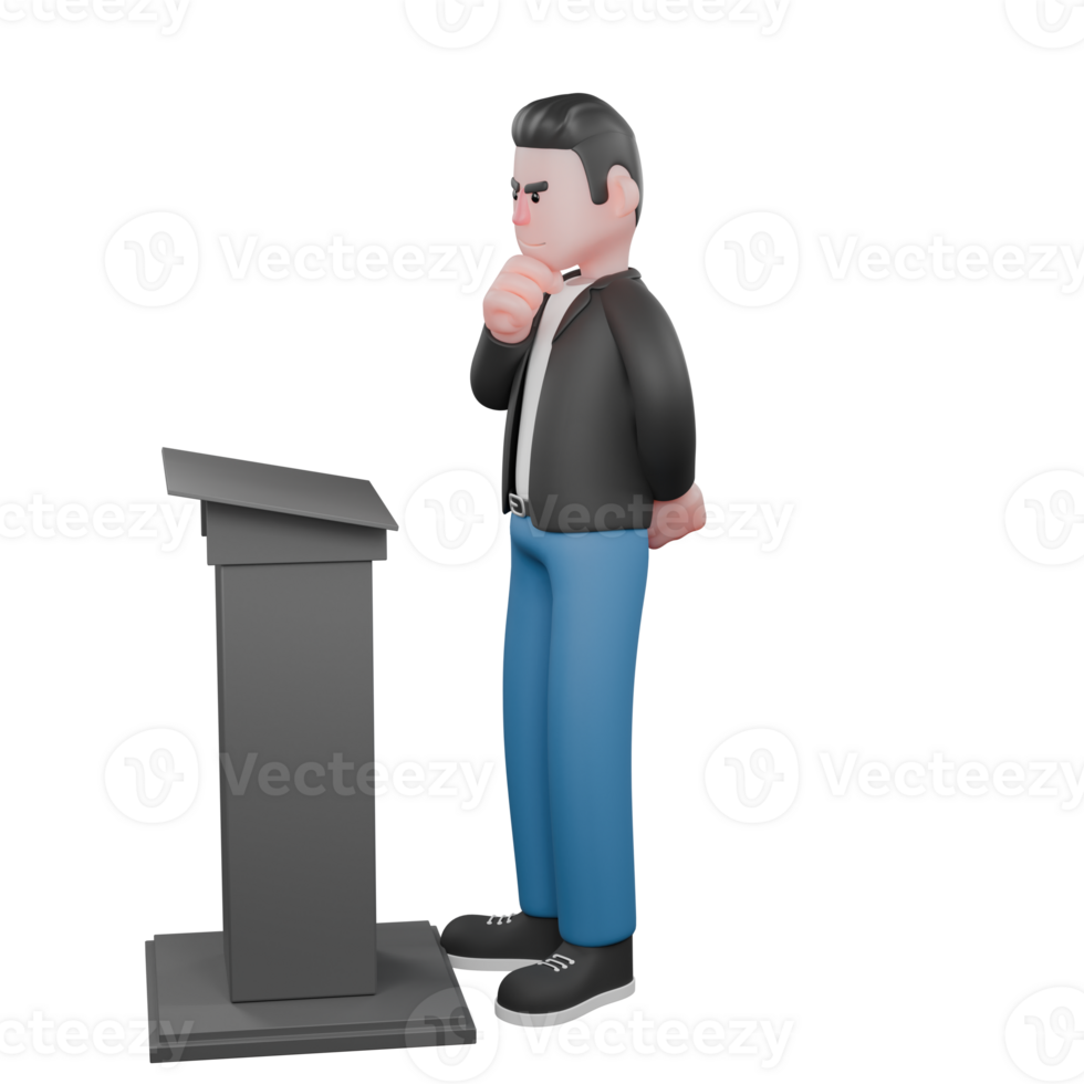 Musician in 3D Design. A male musician stands behind a podium with his right hand on his chin while his left hand is behind him. Vocal Character png