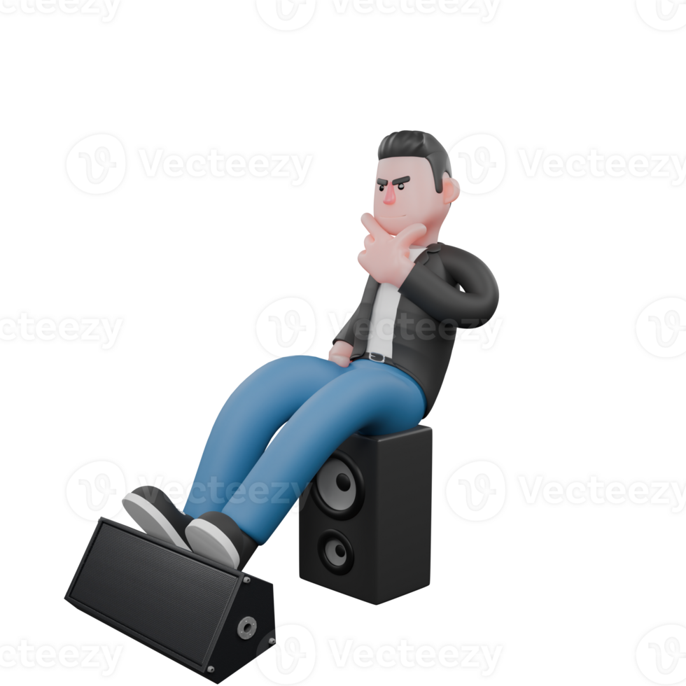 Musician Character in 3D Style. A male musician sits on a speaker with his hands on his chin and his feet on a small speaker. Vocal Artist Model png