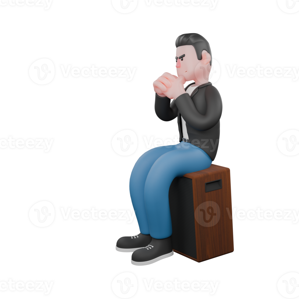 Cartoon 3D Character of Music Performer. A male musician sits on a speaker while clasping his hands in front of his chin. Singing Artist png