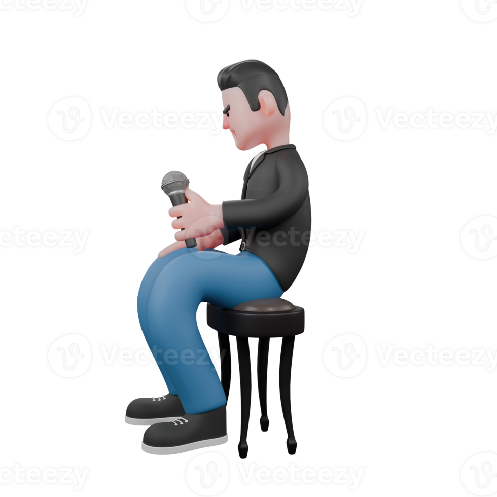 3D Music Star Character Model. A male musician sits on a small chair while his left hand holds a microphone. Vocal Performer png