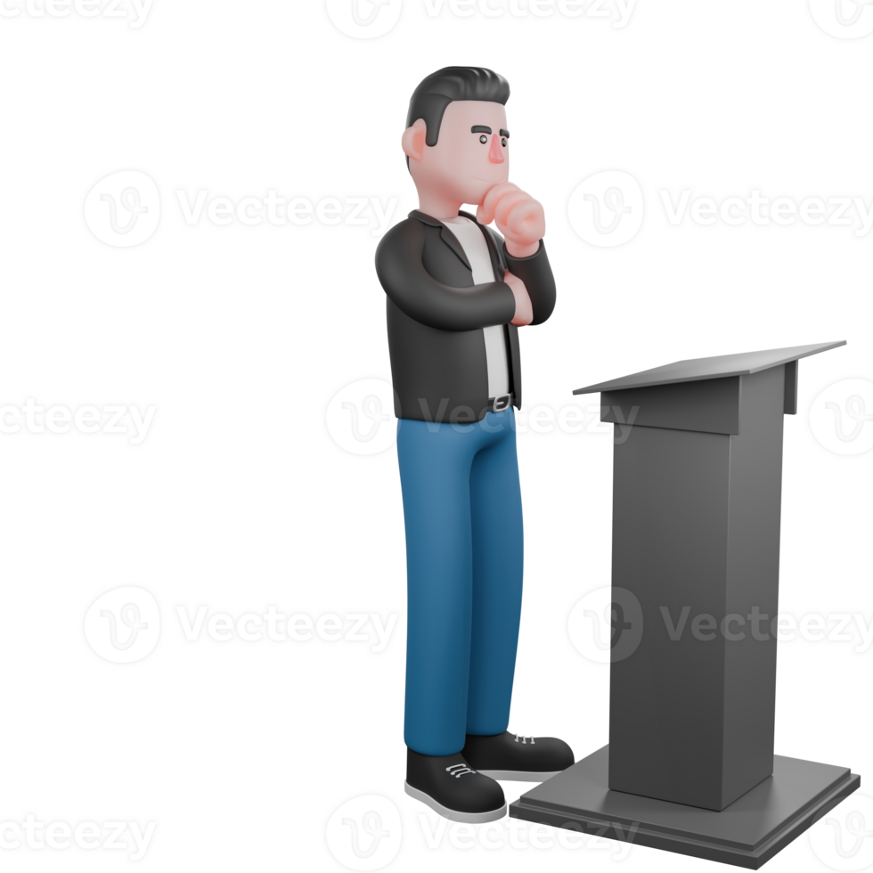 3D Model of Musician. A male musician stands behind a podium with his left hand on his chin while his right hand is on his stomach. Cartoon Performer png