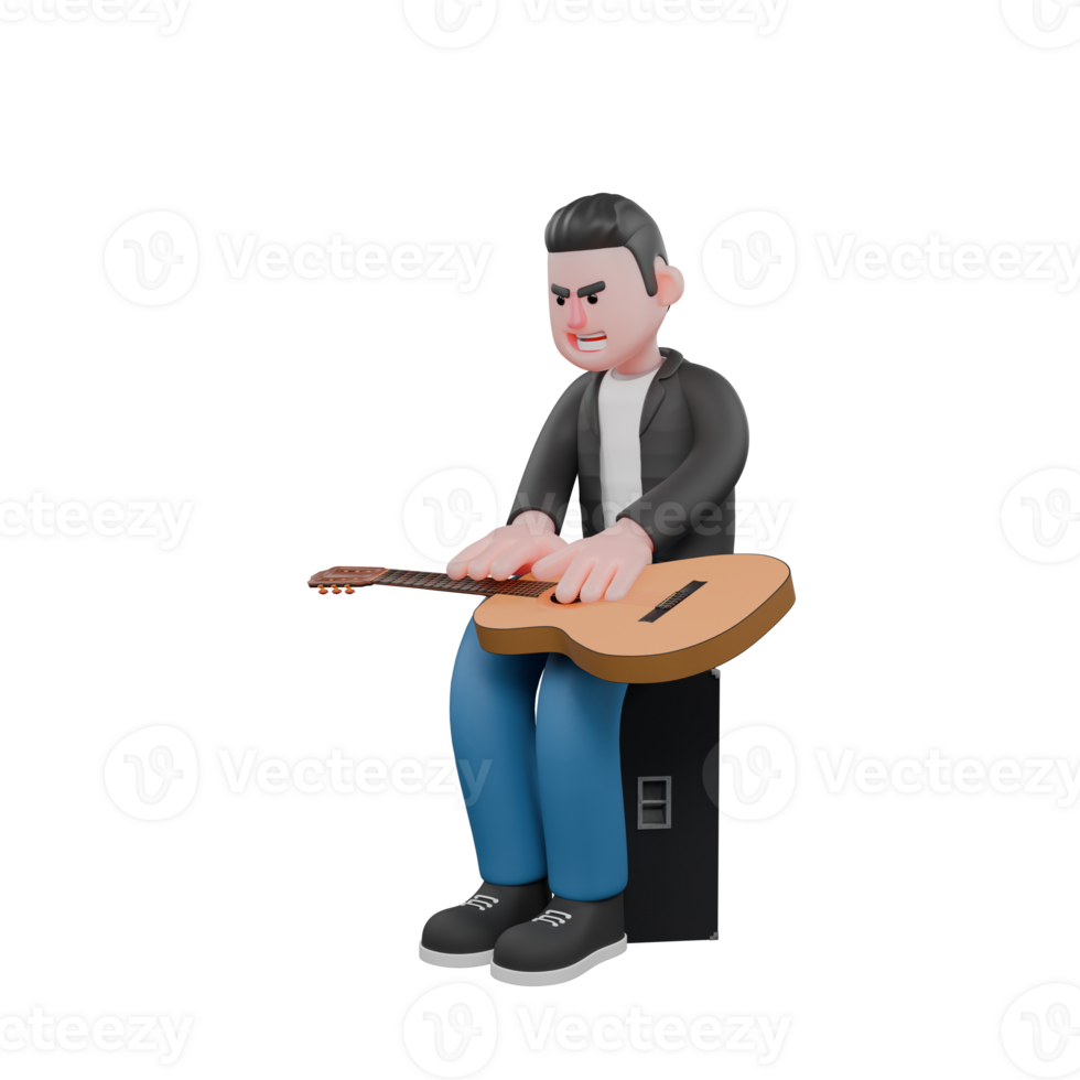 3D Music Artist Character. A male musician sitting on speaker holding guitar with cheerful expression. Cartoon Performer png