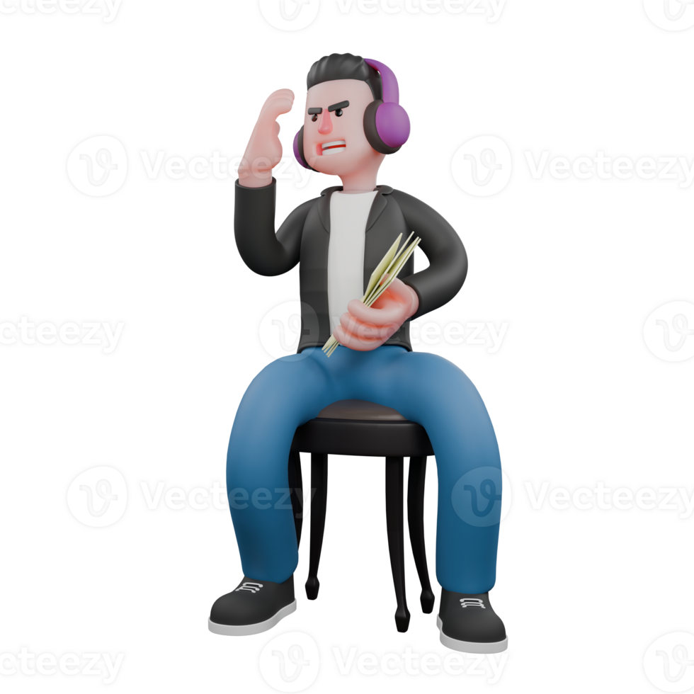 uma masculino músico senta em uma pequeno cadeira ouvindo para fones de ouvido enquanto girando para a certo e dele esquerda mão detém uma Folha do papel enquanto dele certo Palma é elevado dentro frente do dele face. png