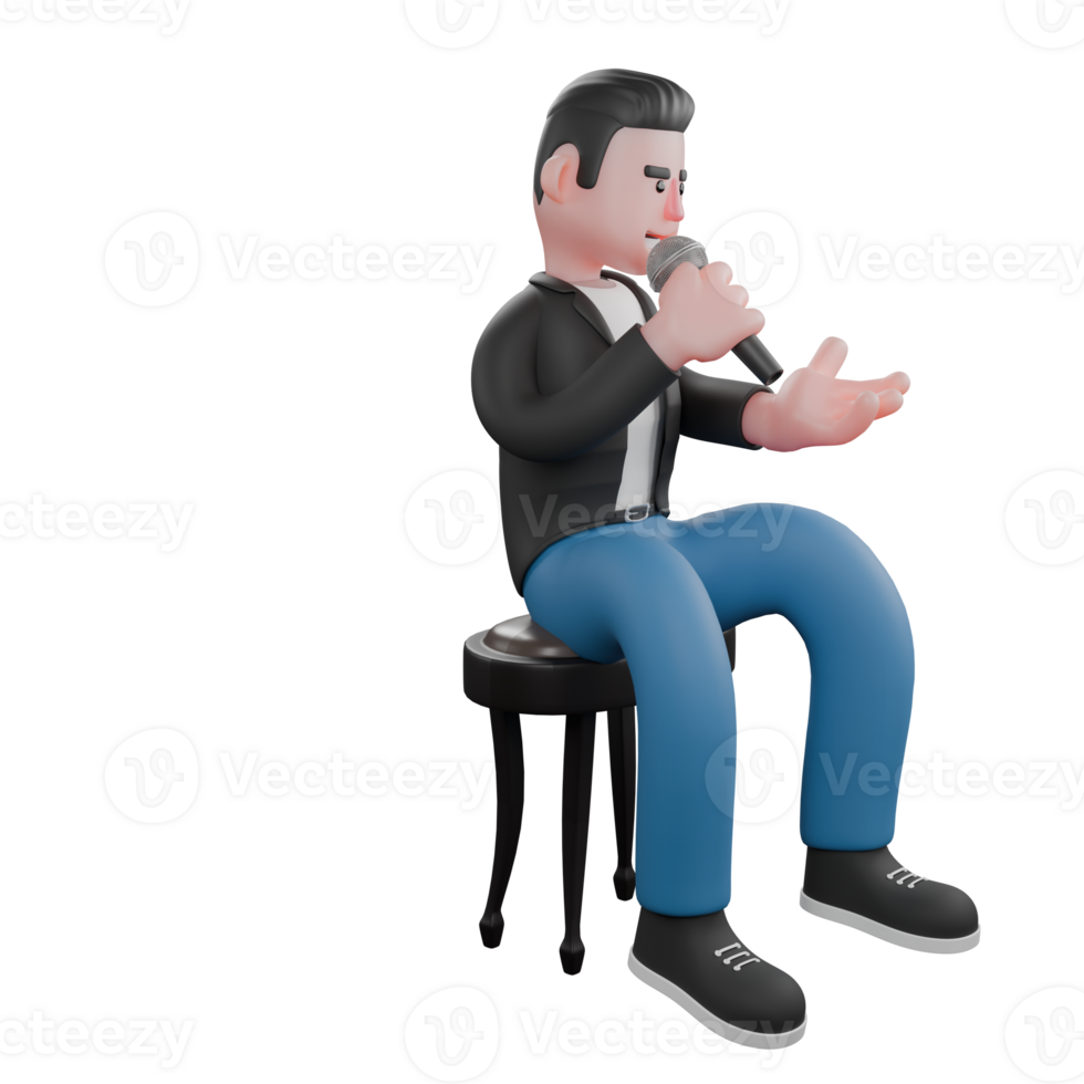 3D Music Star Character. A musician sits on a chair with his right hand holding a microphone while extending his left palm forward. Music Performer png