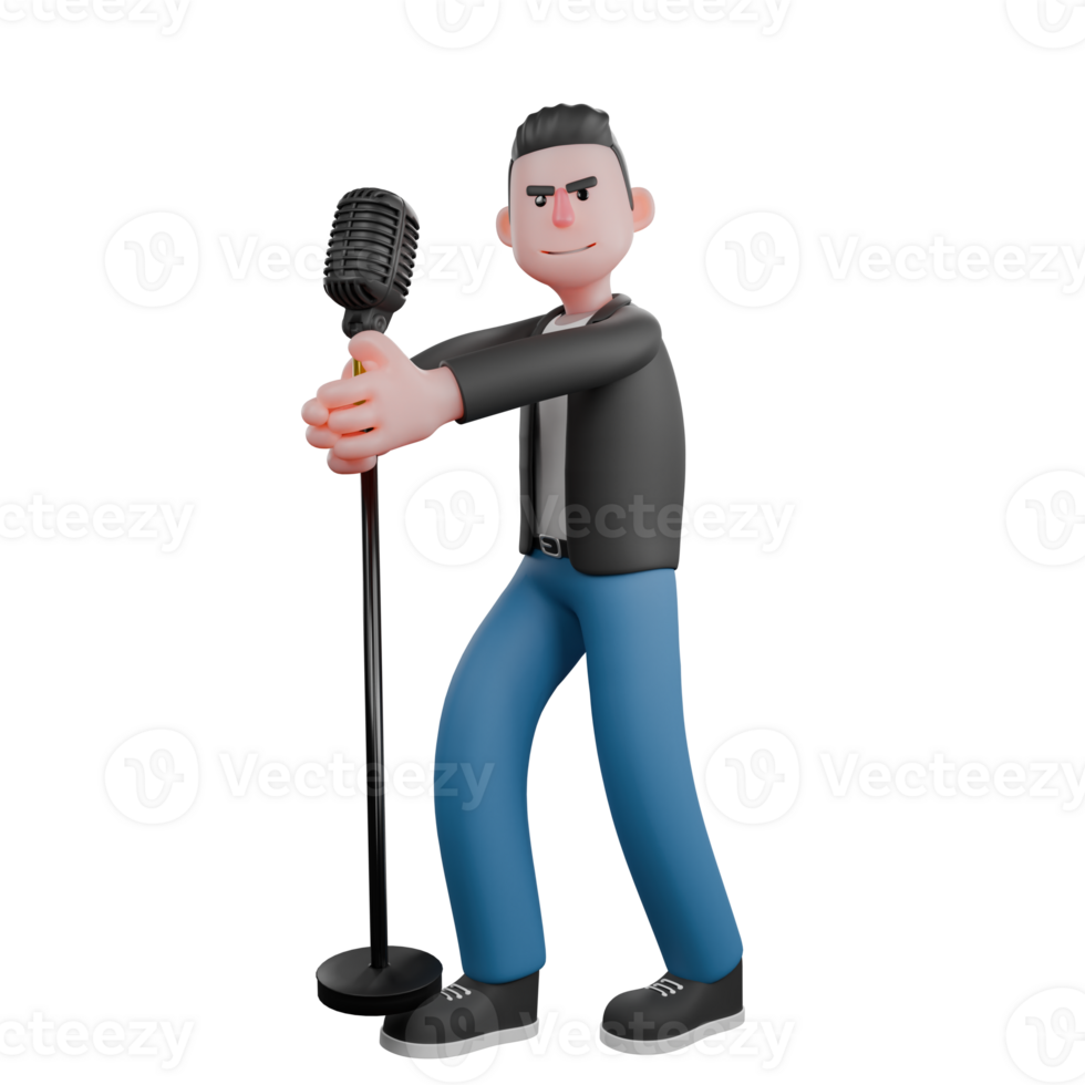 3D Musician in Cartoon Style. A male musician stands with his head facing to the left while both hands are holding a microphone stand. Performance Character png