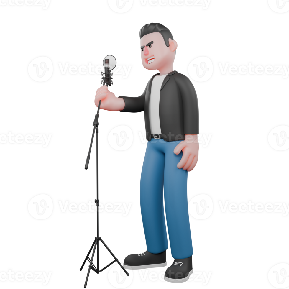 Musician 3D Character Design. A male musician standing in front of microphone stand, right hand holding microphone stand with angry expression. Singing Talent png