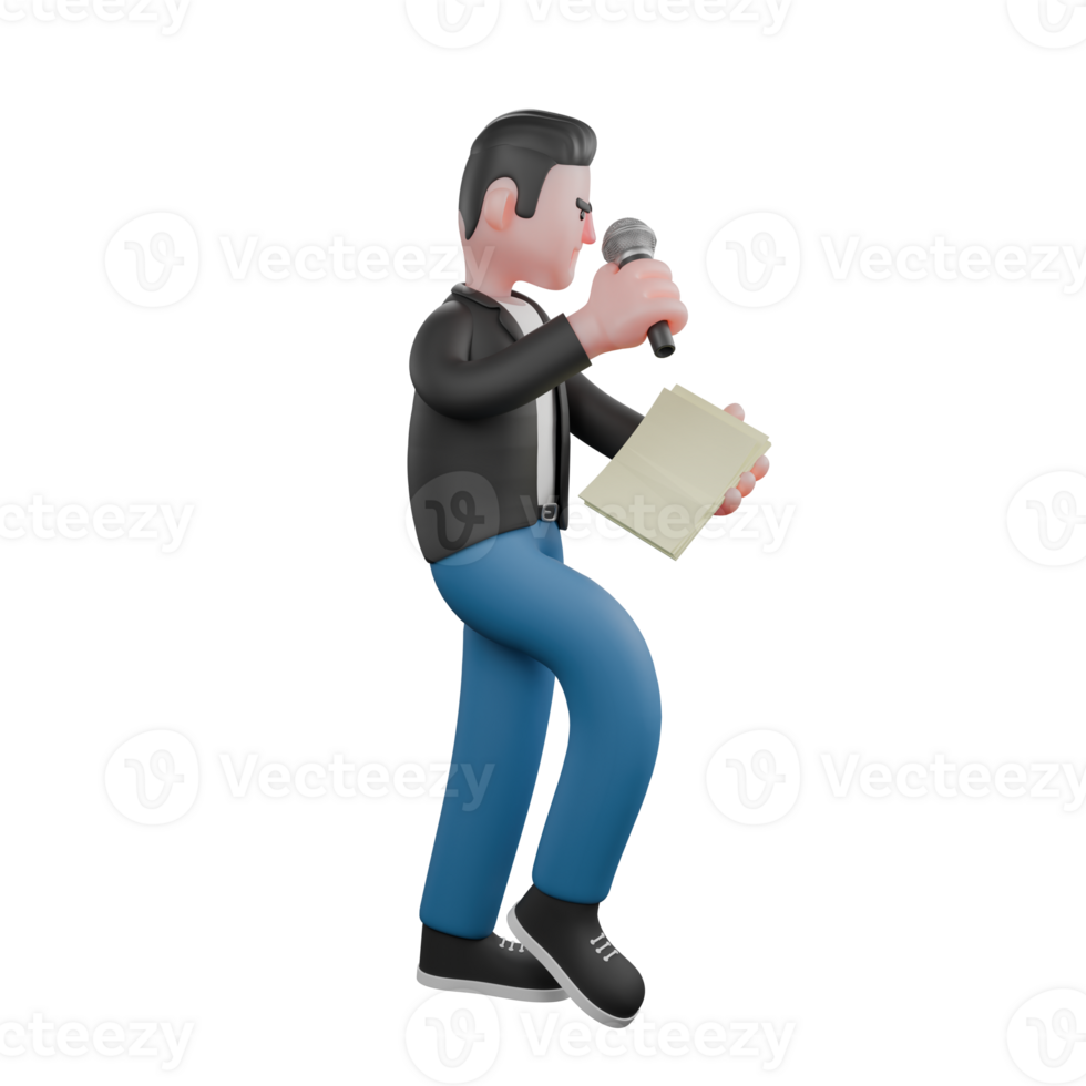 Illustrated 3D Music Character. A male musician stands while holding a sheet of paper in his left hand while his right hand is carrying a microphone to announce. Performance Artist png
