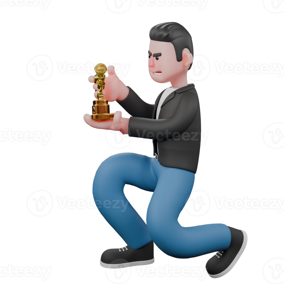 3D Music Artist Character. A male musician kneels while both hands show the trophy he is carrying. Animated Performer png