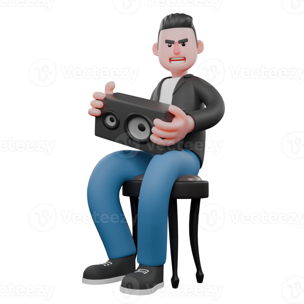 Music Performer Character in 3D. A male musician sits on a small chair with both hands holding a small loudspeaker. Vocal Talent png