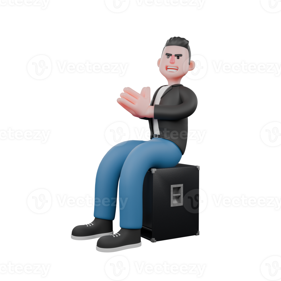 3D Cartoon Music Star. A male musician sits in front of a speaker with both hands clenched in front of his chest with a happy expression. Cartoon Performer png