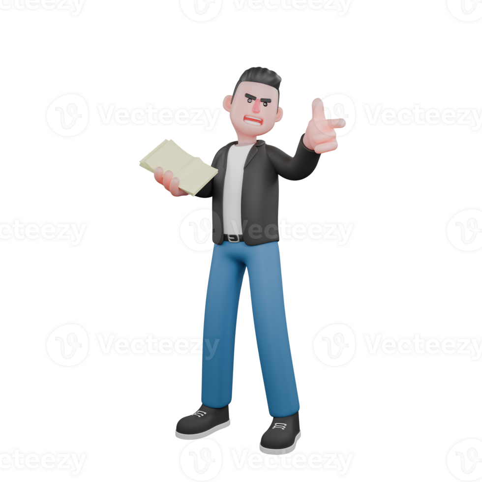 Cartoon Musician in 3D Design. A male musician stands with his right hand holding a sheet of paper and his left hand points forward with an annoyed expression. Music Star png