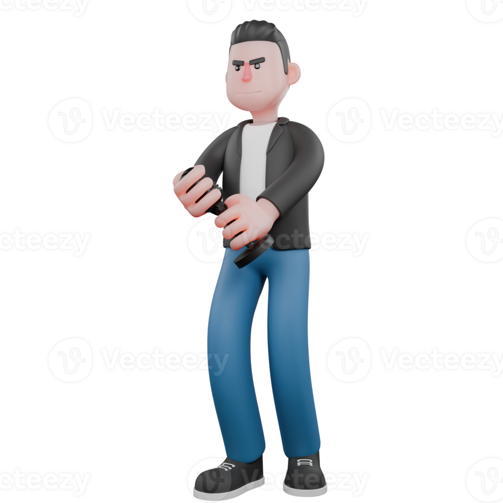 3D Animated Music Star Character. A male musician stands while holding a microphone in both hands. Vocal Performer Design png