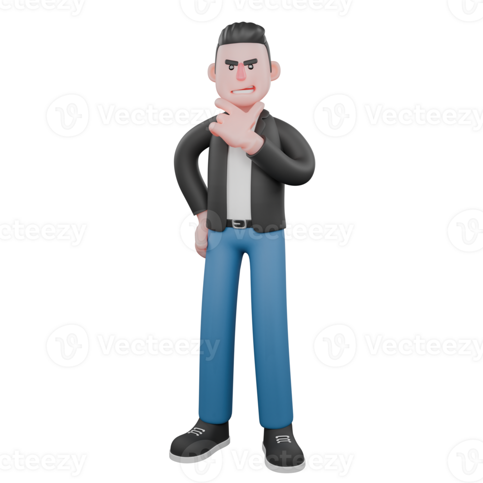 Music Performer Character in 3D. A male musician stands with his right hand on his chin and his left hand on his hip with a smiling expression. Vocalist png
