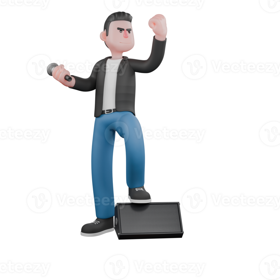 3D Model of Cartoon Musician. A male musician stands with his left hand clenched and his right hand carrying a microphone, while his left foot is on a lamp. Vocalist Style png