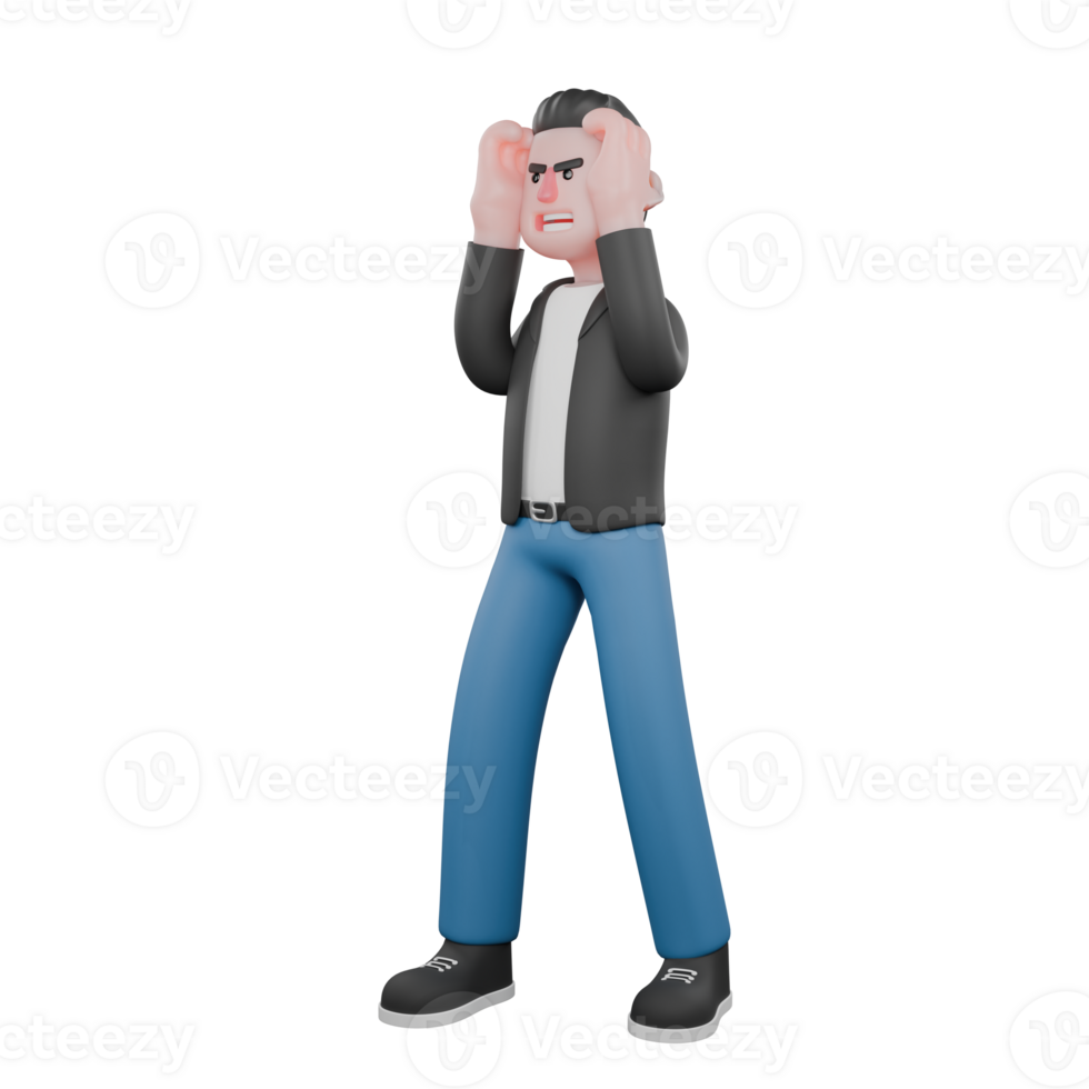 3D Model of Cartoon Music Star. A male musician stands with both hands covering his ears with an annoyed expression. Music Personality png
