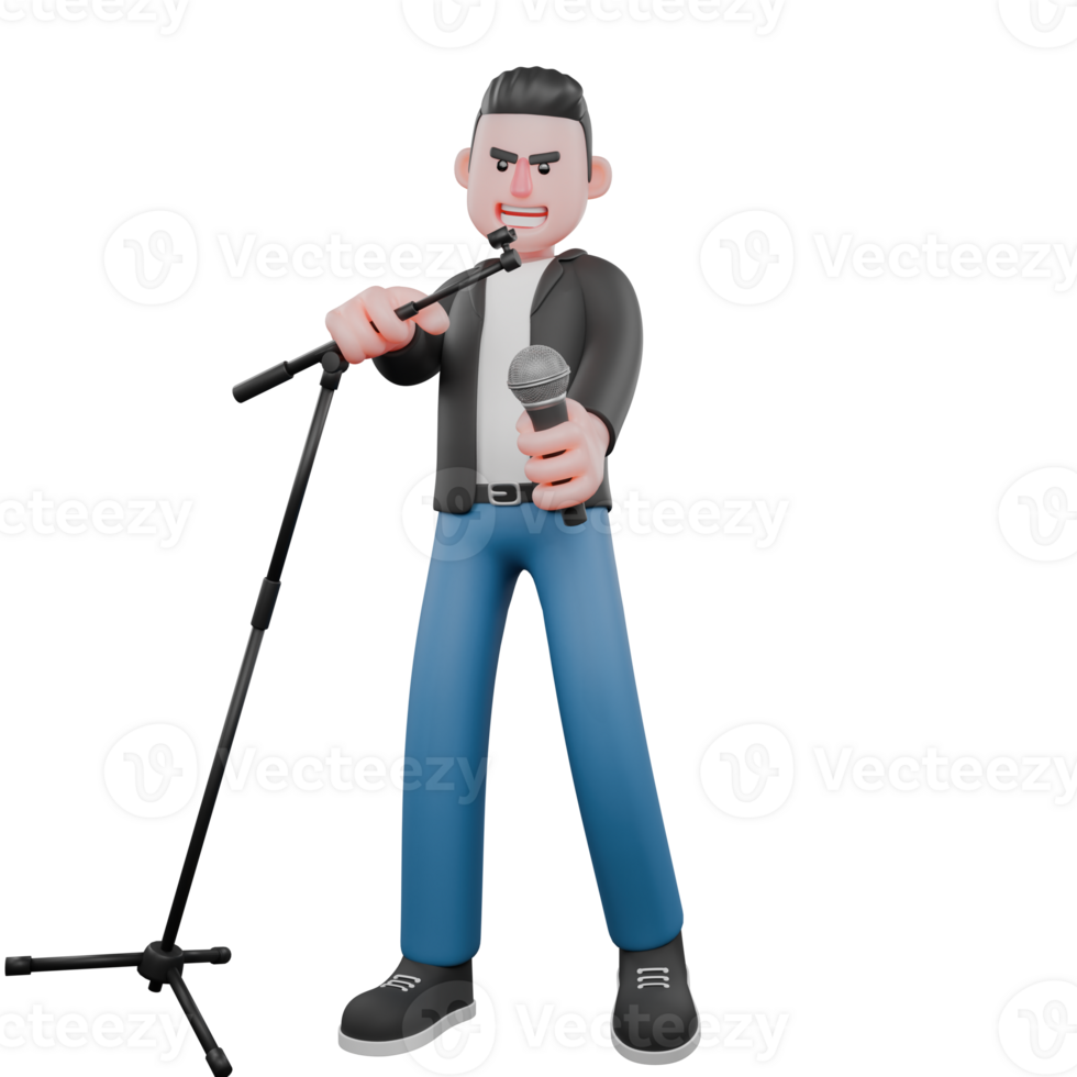 Cartoon Music Artist Model. A male musician stands while his right hand holds a microphone stand whose mic has been removed and held with his left hand. Singing Performer png
