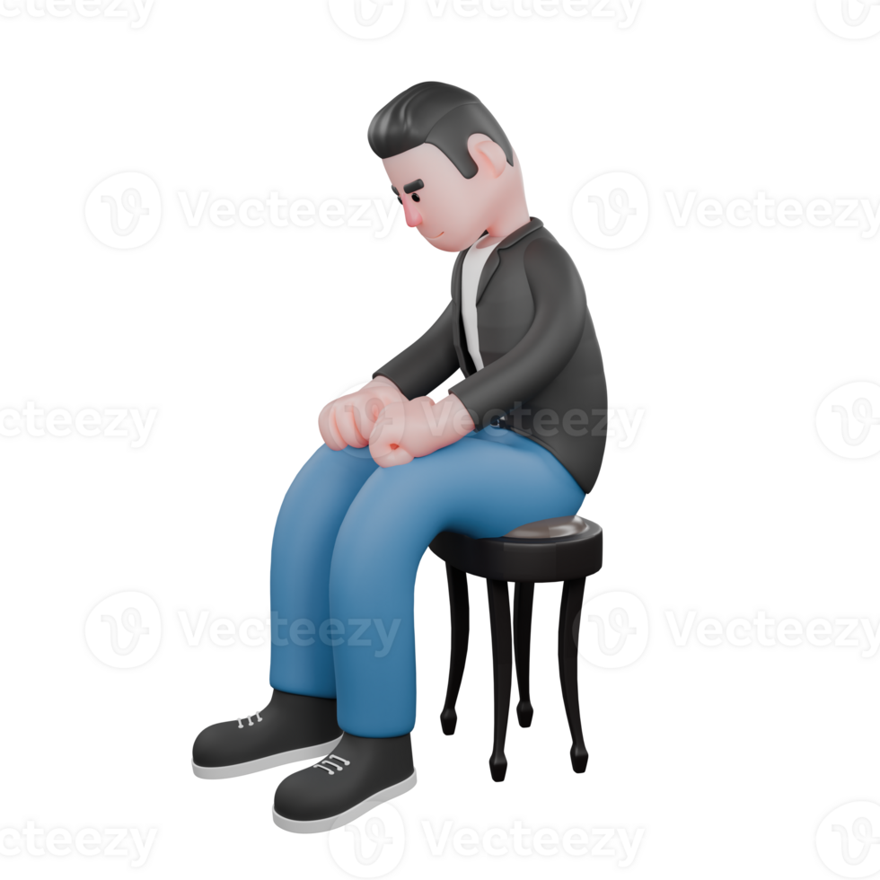 Illustrated Musician Character in 3D. A male musician sits with his head lowered and both hands clasped on his thighs. Vocal Artist png